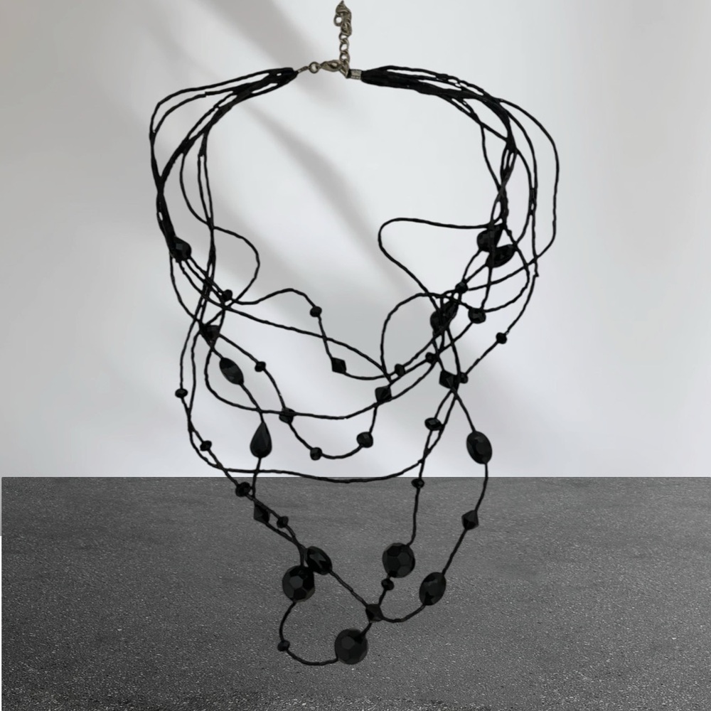Layered Seven Strand Multi-Shaped Multi-Sized Beaded Necklace Women's Black